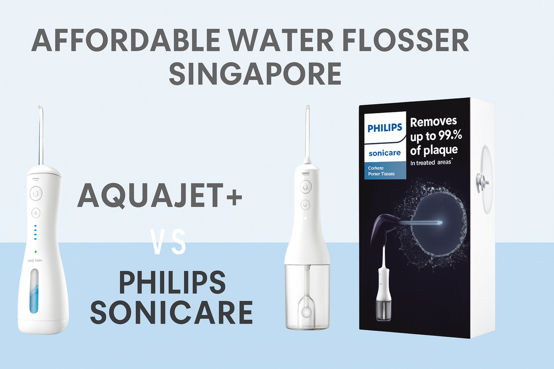 Affordable Water Flosser Singapore – AquaJet+ vs Philips Sonicare comparison featuring both devices side by side on a light blue background with modern text overlay.