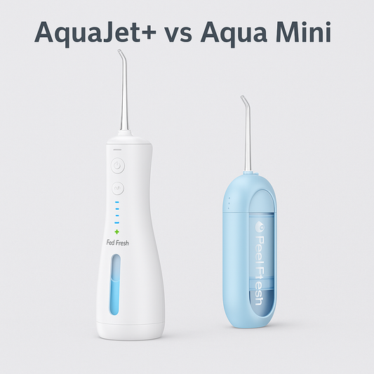 AquaJet+ vs Aqua Mini water flosser comparison in Singapore – portable and powerful oral care devices by Feel Fresh