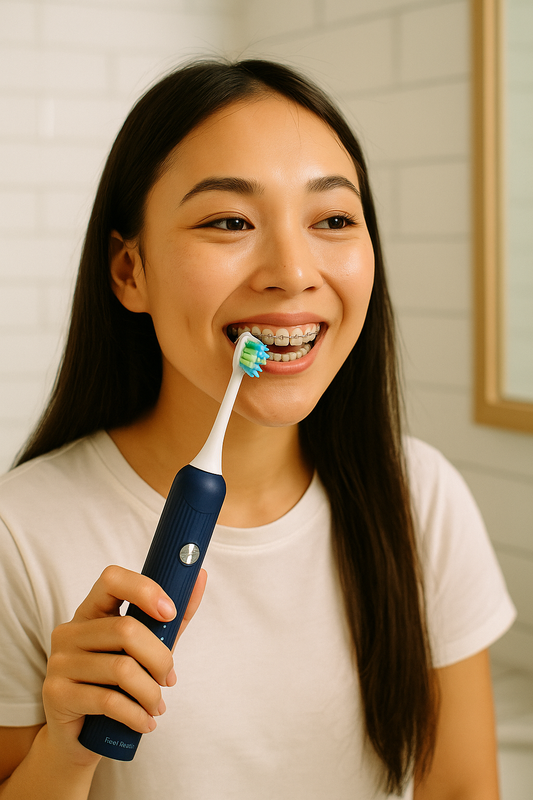 Woman using electric toothbrush with braces – safe brushing