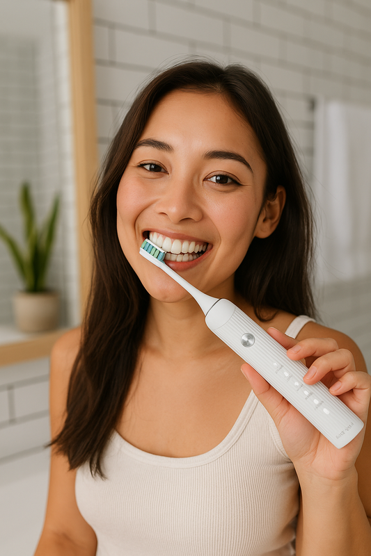 Woman using sonic electric toothbrush in modern bathroom – best electric toothbrush Singapore
