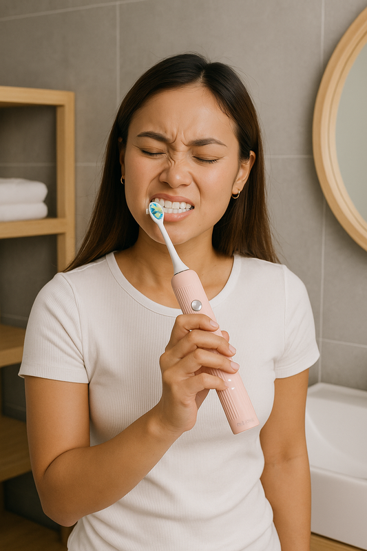 Singaporean woman using a gentle sonic toothbrush for sensitive gums