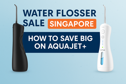 Water Flosser Sale Singapore – Feel Fresh AquaJet+ in black and white models with text ‘How to Save Big on AquaJet+’ on light blue background