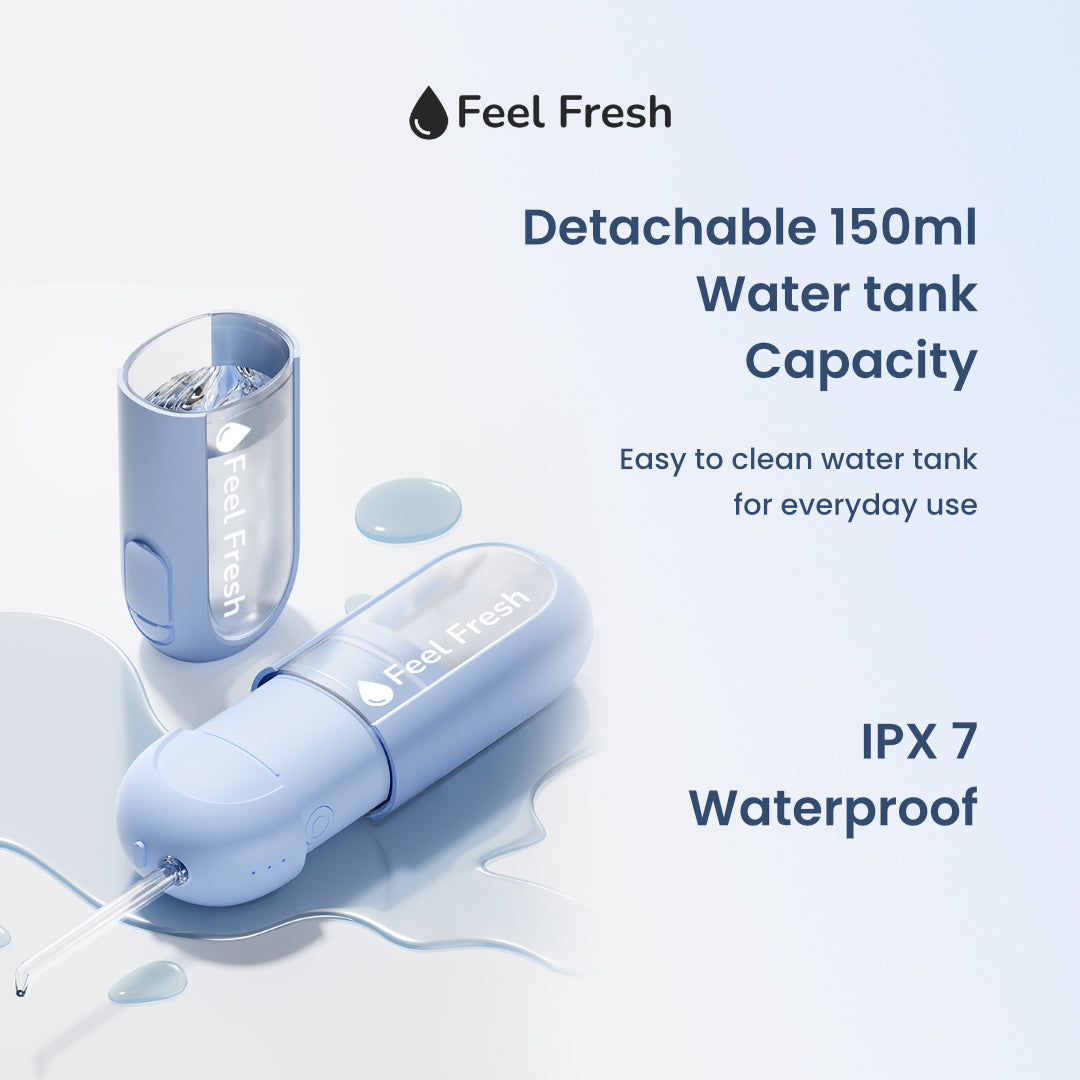 Waterproof blue AquaJet Mini with soft-touch surface and easy clean