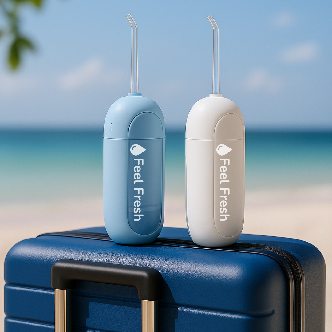 Feel Fresh AquaJet Mini best portable water flosser Singapore, compact travel-friendly dental flosser in blue and white on suitcase.
