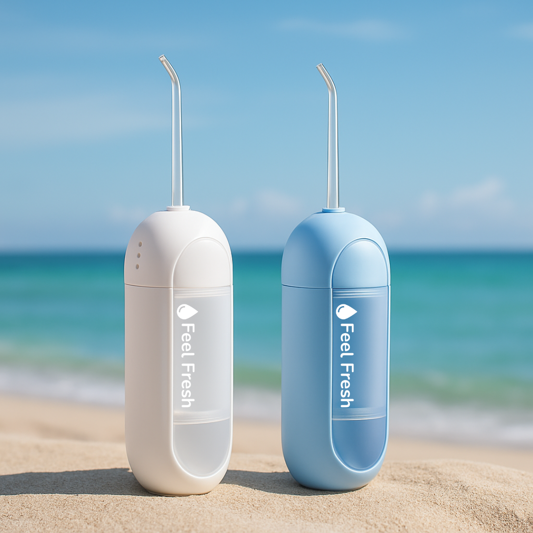 Feel Fresh AquaJet Mini best portable water flosser Singapore, pocket-sized cordless dental flosser in white and blue on beach background.
