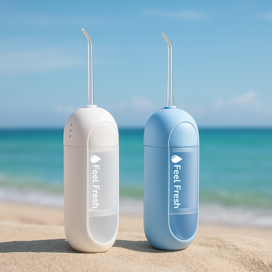 Feel Fresh AquaJet Mini best portable water flosser Singapore, pocket-sized cordless dental flosser in white and blue on beach background.