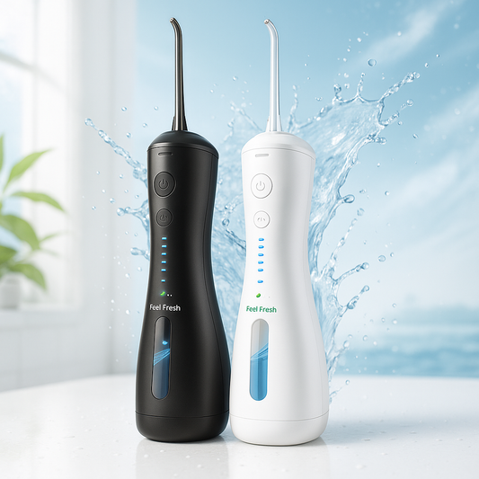 Feel Fresh AquaJet+ best water flosser Singapore, professional dental water flosser for deep teeth cleaning in black and white.