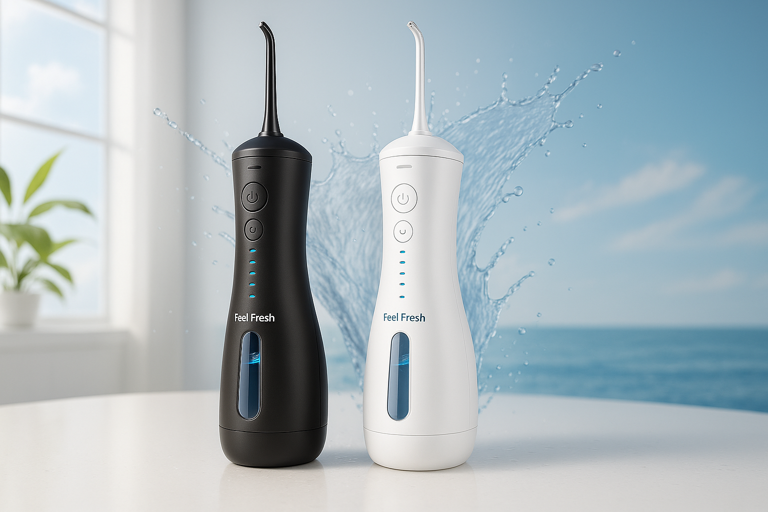 Feel Fresh AquaJet+ best water flosser Singapore – deep teeth cleaning cordless dental flosser in black and white.