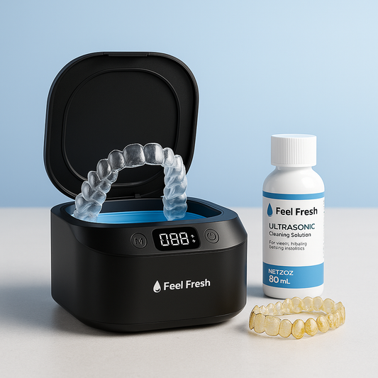 Feel Fresh best ultrasonic retainer cleaner Singapore, portable dental cleaning device with cleaning solution for Invisalign and retainers.