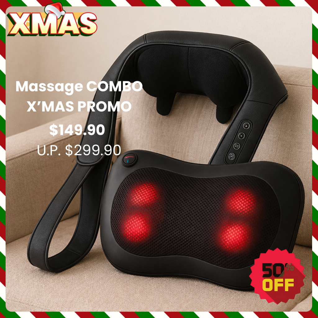 Feel Fresh ThermaRelief+ neck and back massager placed on sofa, black colour