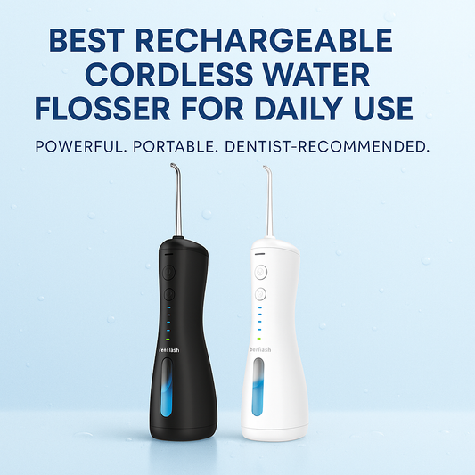 Best rechargeable cordless water flosser for daily use – Feel Fresh AquaJet+ black and white models on light blue background