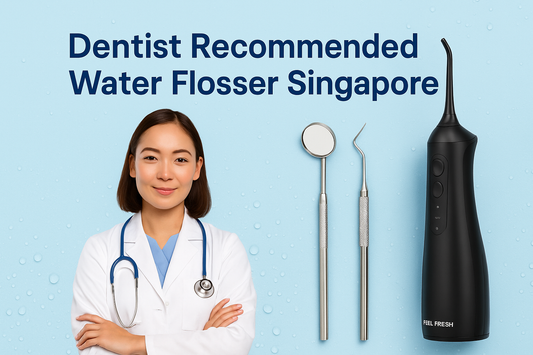 Dentist recommended water flosser in Singapore – Feel Fresh AquaJet+ beside dental tools and smiling dentist on light blue background.