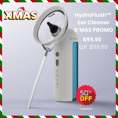 HydroFlush™ ear cleaner Xmas promo with white device and catchment basin; 50% off—$59.90 (U.P. $119.90).
