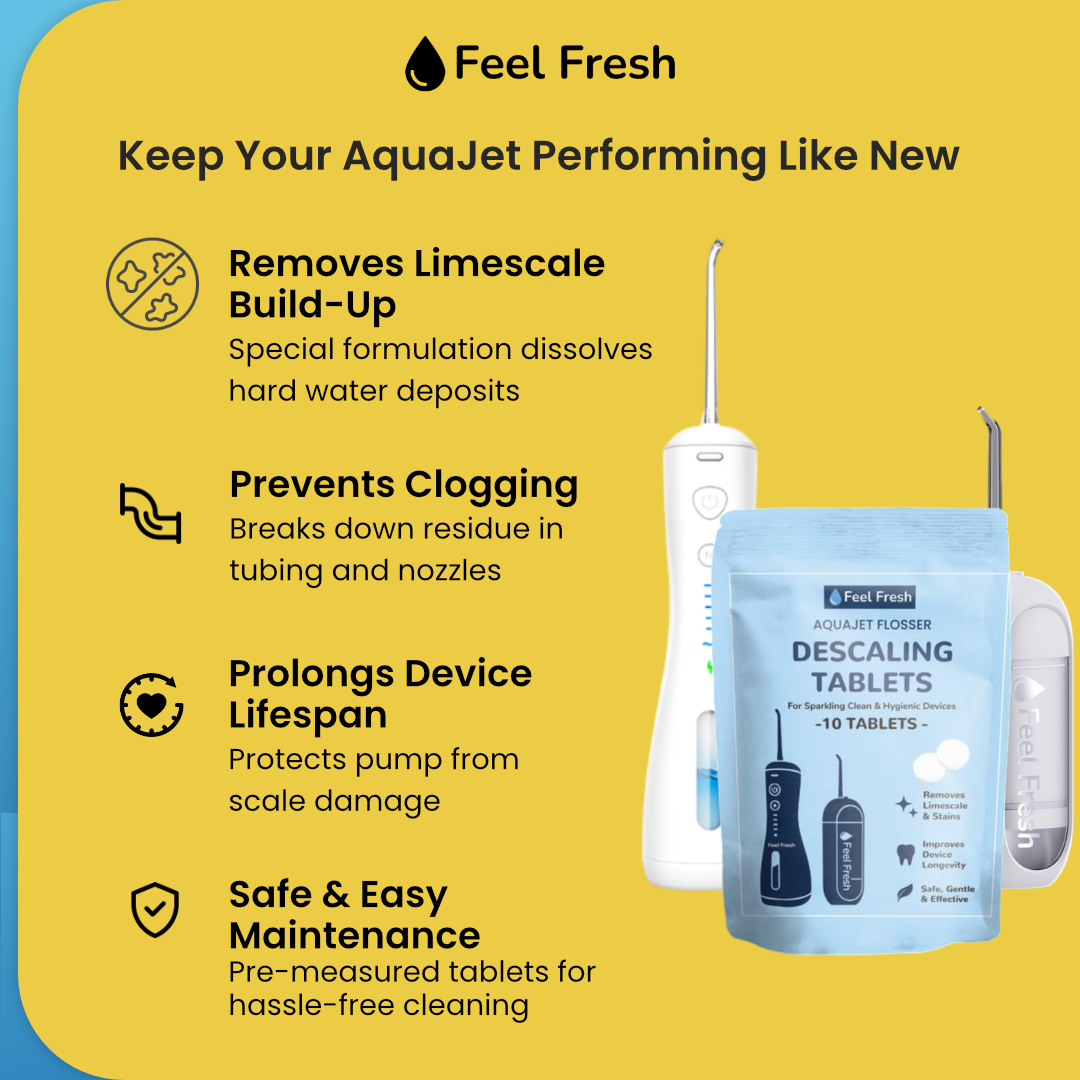 AquaJet descaling tablets removing limescale buildup and preventing clogging in water flossers
