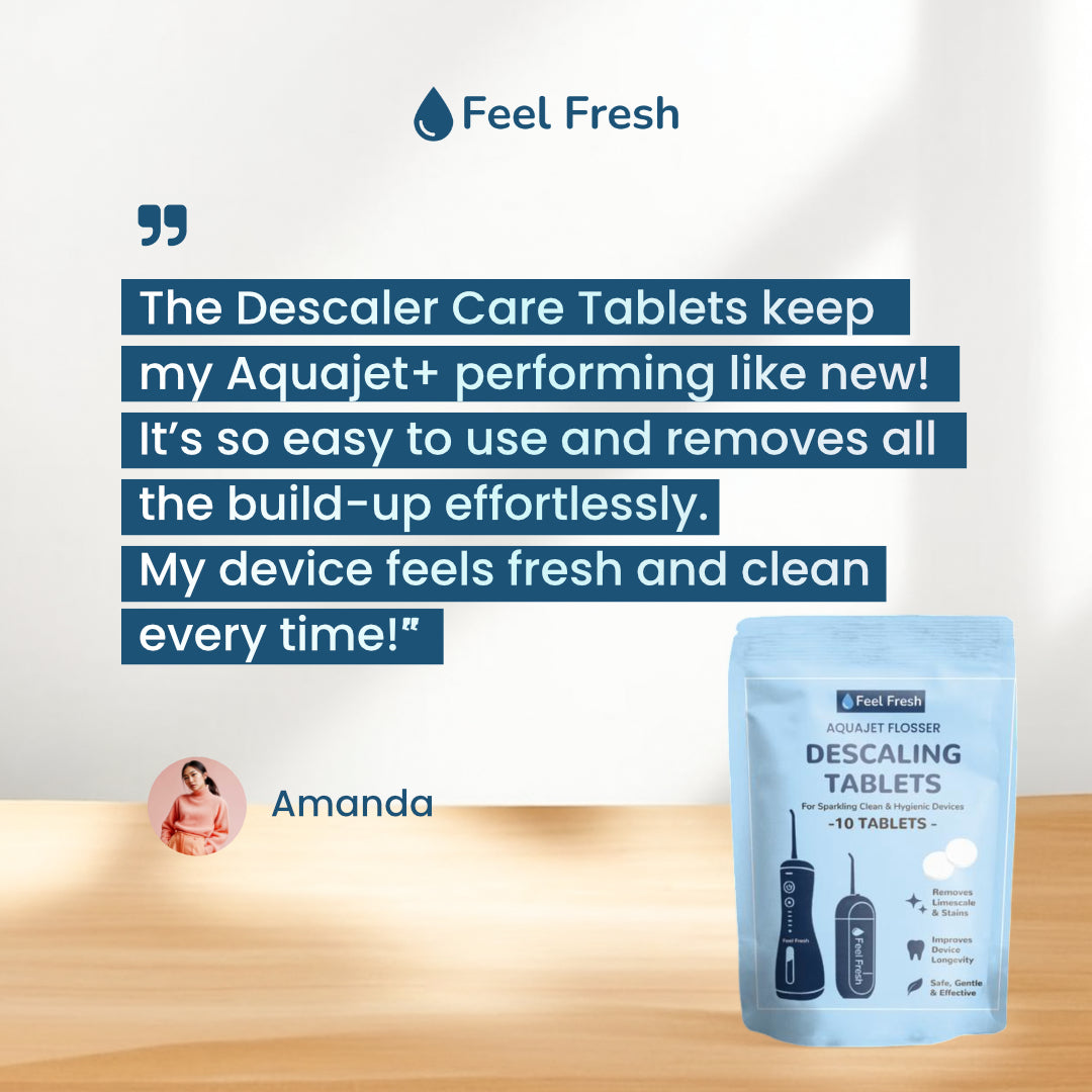 Customer review of Feel Fresh AquaJet descaler tablets keeping water flosser performing like new