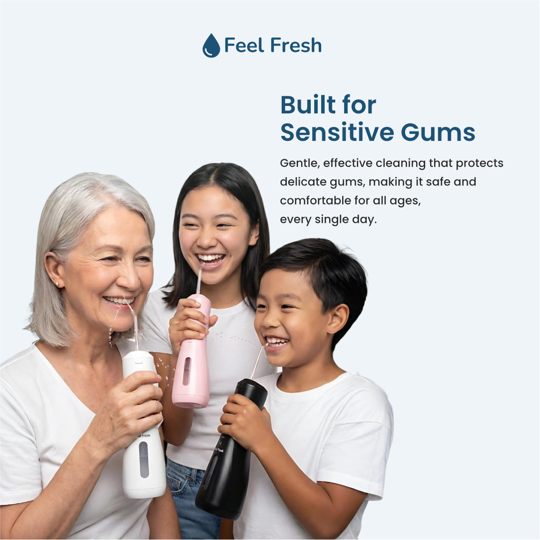 AquaJet+ water flosser Singapore built for sensitive gums – gentle effective water flosser safe for all ages family, Feel Fresh water flosser Pearl White Baby Pink Onyx Black Singapore