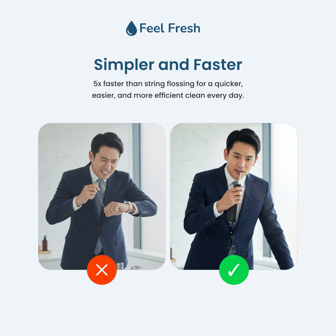 AquaJet+ water flosser Singapore simpler and faster – 5x faster than string flossing, water flosser versus string floss comparison, quicker easier more efficient oral care Singapore