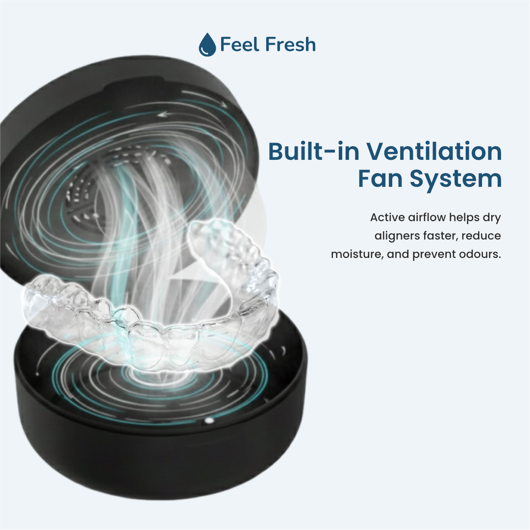 ClearGuard+ UV aligner case Singapore built-in ventilation fan system – active airflow dries aligners faster, reduces moisture and prevents odours, Invisalign retainer case Singapore