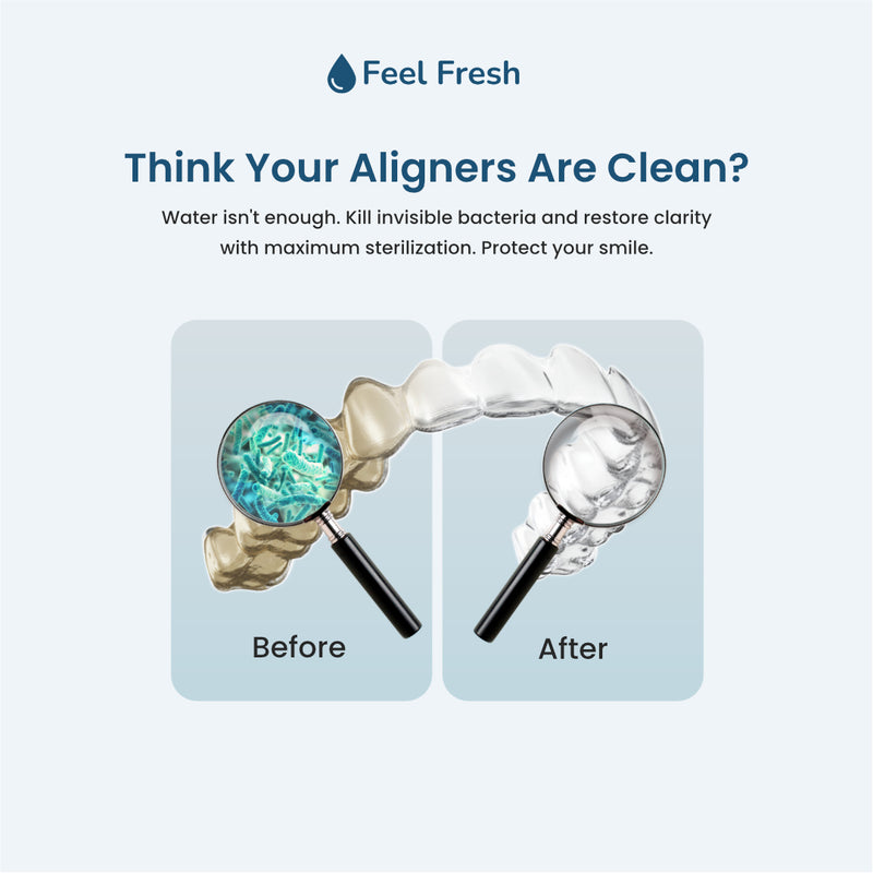 ClearGuard+ UV aligner case Singapore before and after – kills invisible bacteria with UV-C sterilisation, water alone is not enough, crystal clear clean aligners for Invisalign users
