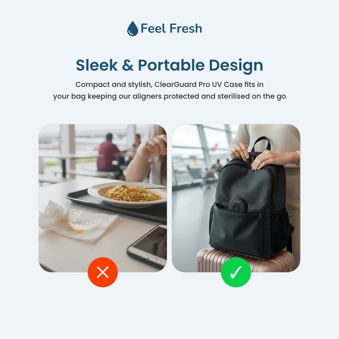 ClearGuard+ UV aligner case Singapore sleek portable design – compact Invisalign aligner case fits in bag, travel-friendly UV sterilisation keeps aligners protected on the go