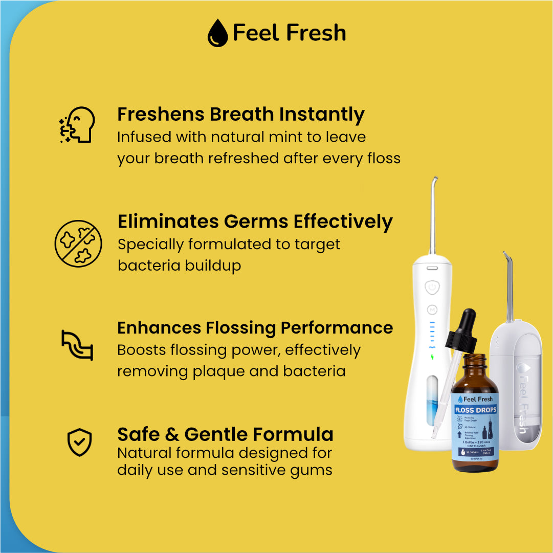 Feel Fresh Floss Drops benefits graphic showing fresh breath germ removal and gentle formula