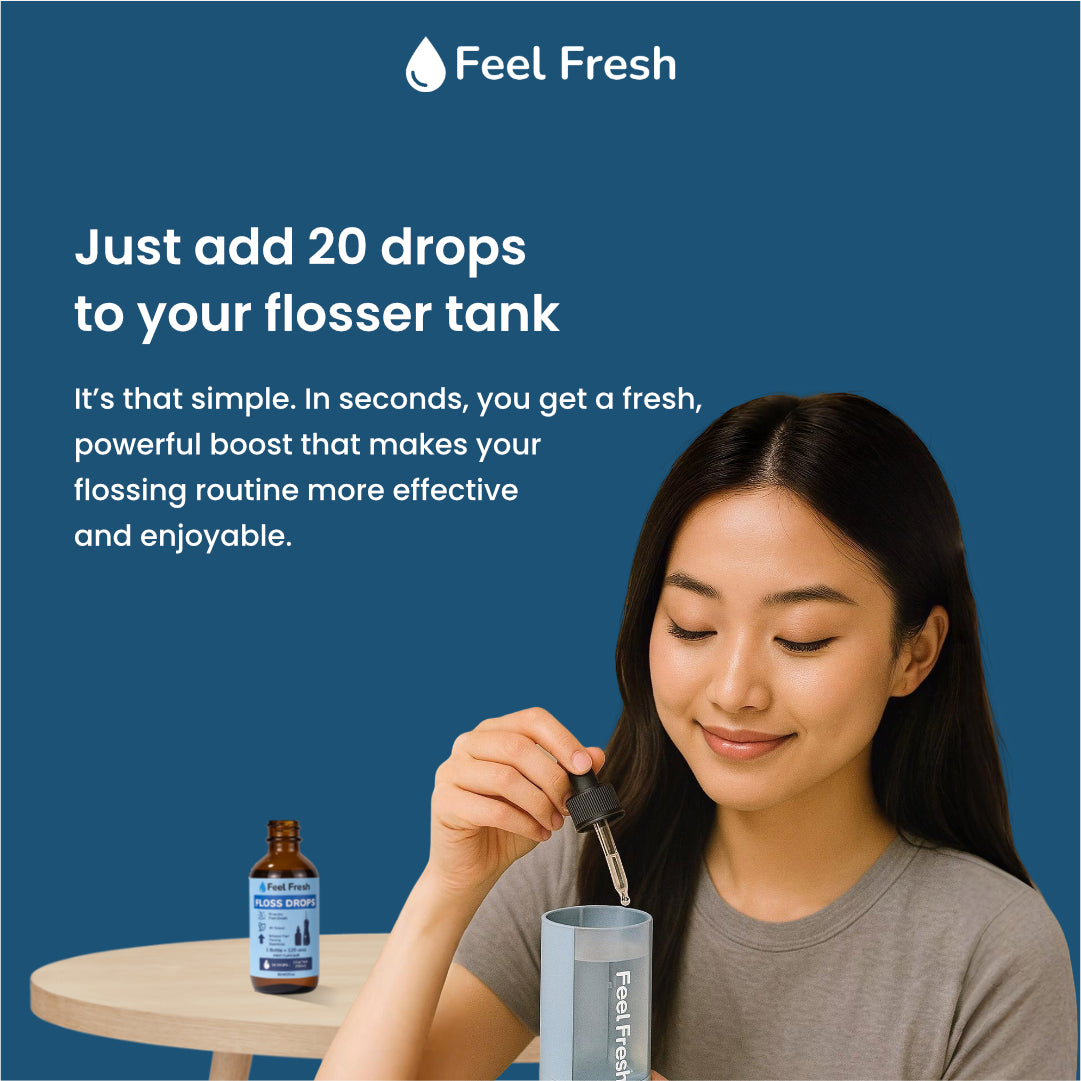 Adding 20 drops of Feel Fresh Floss Drops into water flosser reservoir