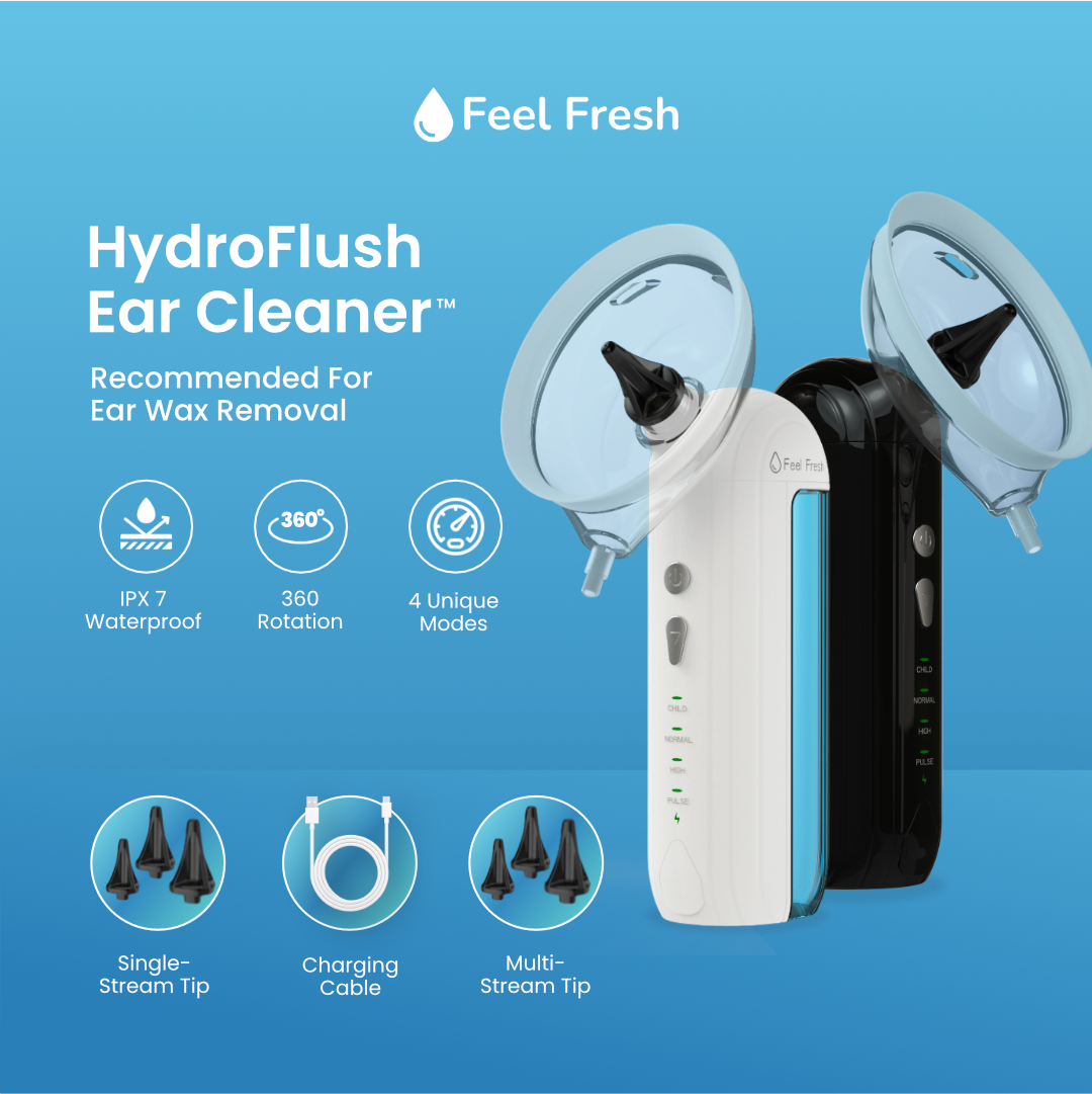 Feel Fresh HydroFlush Ear Cleaner recommended for ear wax removal; IPX7 waterproof, 360° rotation, 4 unique modes; tips and charging cable shown