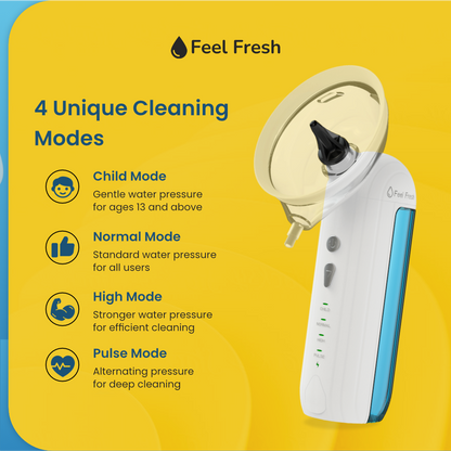 Feel Fresh HydroFlush ear cleaner: 4 unique cleaning modes—Child, Normal, High, and Pulse—shown with white device