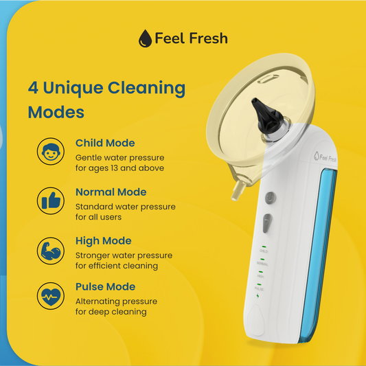 Feel Fresh HydroFlush ear cleaner: 4 unique cleaning modes—Child, Normal, High, and Pulse—shown with white device