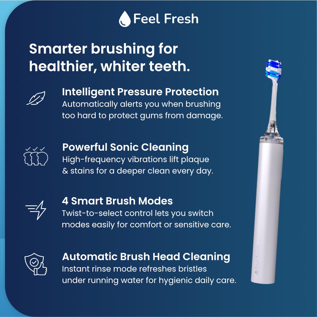 ProSense+ electric toothbrush Singapore features – intelligent pressure protection, powerful sonic cleaning, 4 smart brush modes, automatic brush head cleaning for healthier whiter teeth