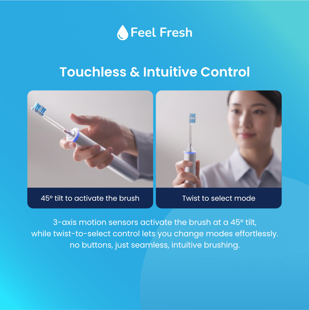 ProSense+ electric toothbrush Singapore touchless intuitive control – 45 degree tilt to activate, twist-to-select brush modes, 3-axis motion sensors for seamless buttonless brushing