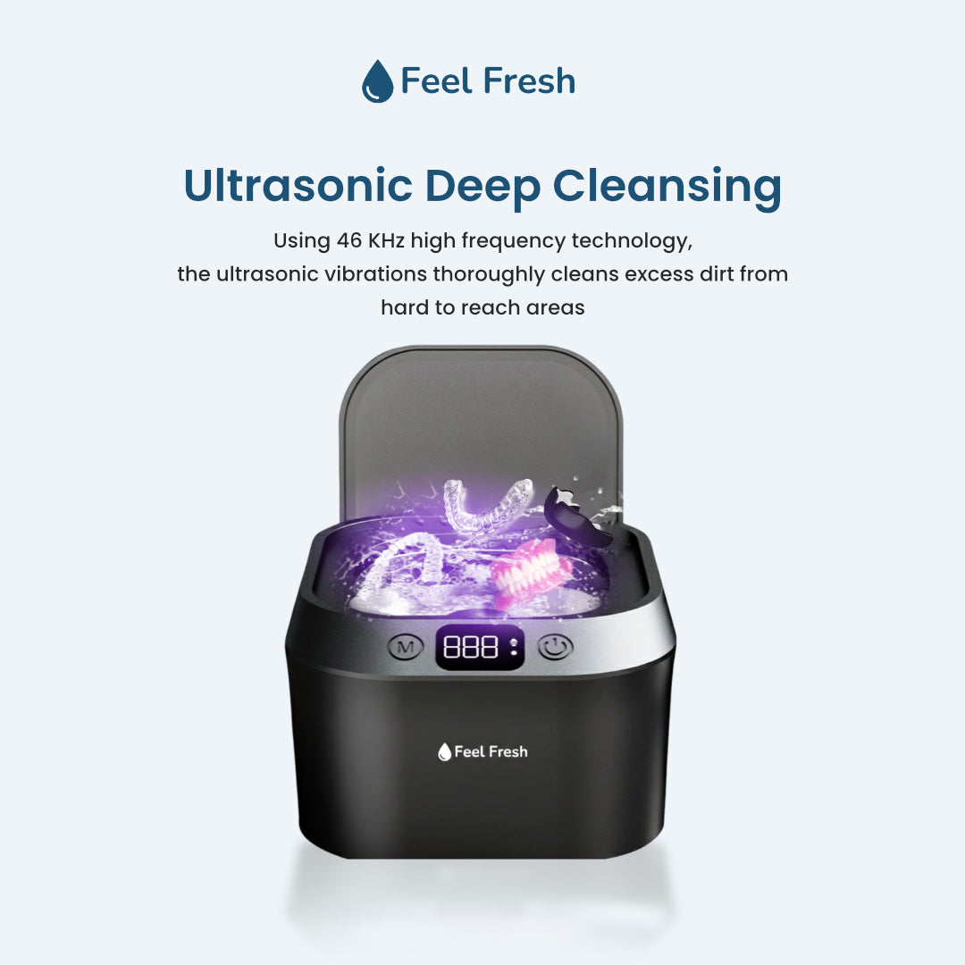 Ultrasonic retainer cleaner Singapore ultrasonic deep cleansing – 46KHz high frequency vibrations clean aligners retainers and mouthguards in hard to reach areas, Onyx Black model