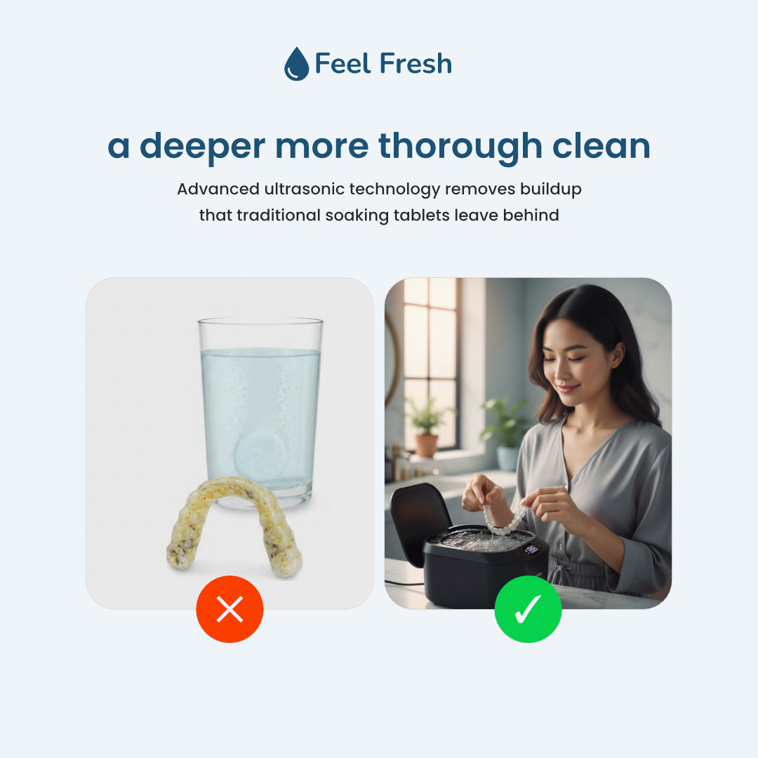 Ultrasonic retainer cleaner Singapore versus soaking tablets – advanced ultrasonic technology removes plaque buildup that traditional soaking tablets leave behind, deeper more thorough clean