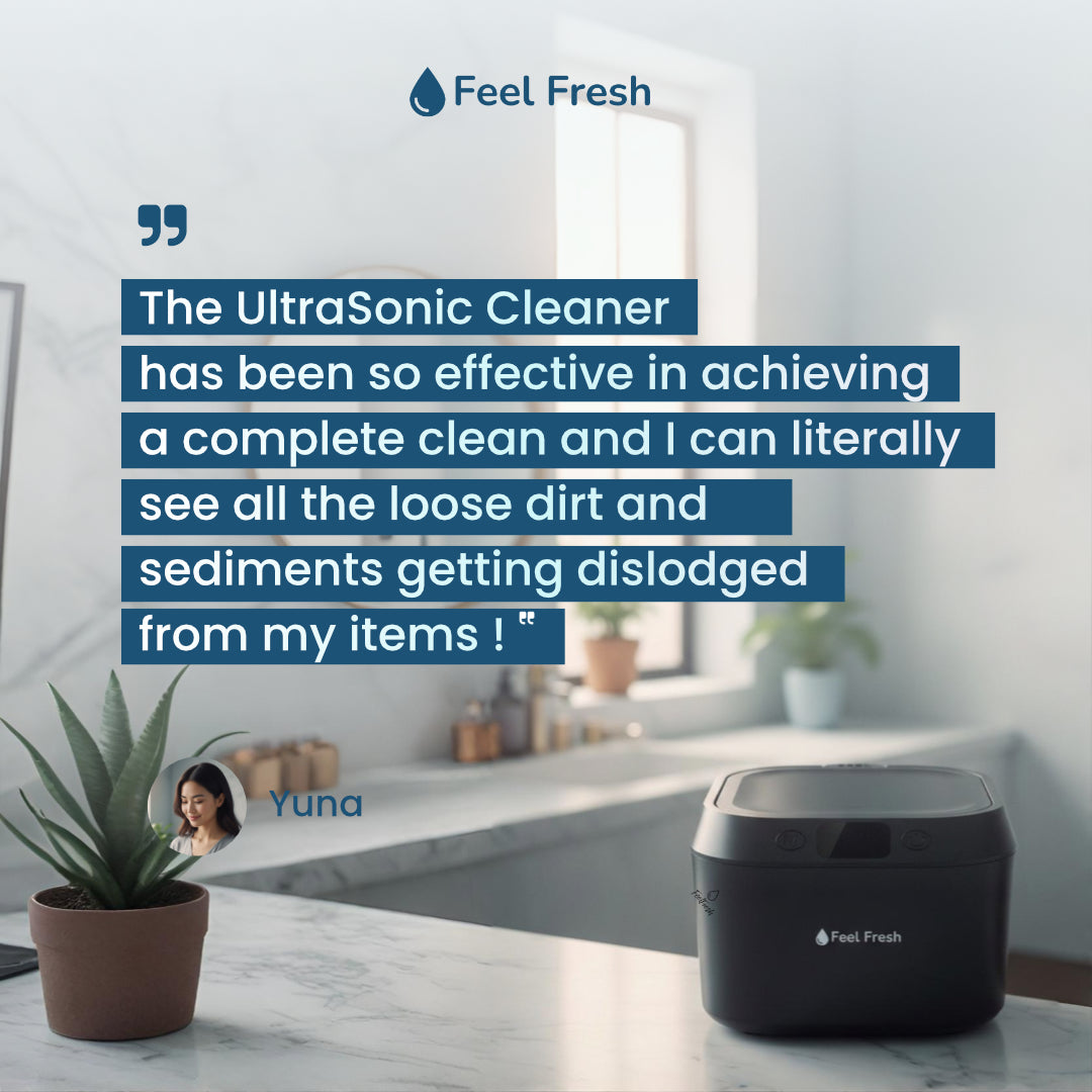 Ultrasonic retainer cleaner Singapore customer review – Yuna: complete clean, loose dirt and sediments visibly dislodged, Feel Fresh UltraSonic Cleaner Onyx Black