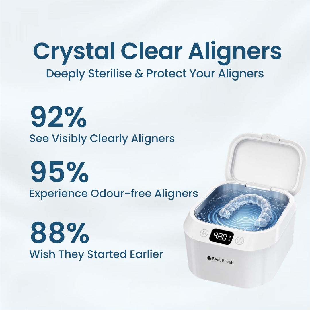Ultrasonic retainer cleaner Singapore – crystal clear aligners, 92% visibly clearer aligners, 95% odour-free, deeply sterilises with ultrasonic waves in 5 minutes