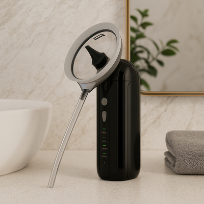 Black HydroFlush ear cleaner with catchment basin on a bathroom counter 