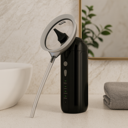 Black HydroFlush ear cleaner with catchment basin on a bathroom counter 