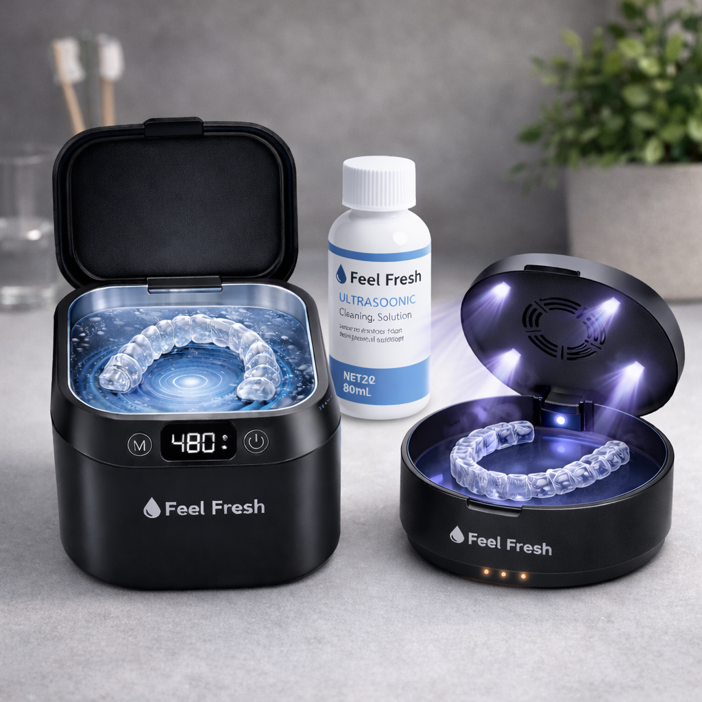 Feel Fresh oral care bundle Singapore – Ultrasonic retainer cleaner and ClearGuard+ UV aligner case complete Invisalign cleaning system, ultrasonic deep clean plus UV-C sterilisation Singapore