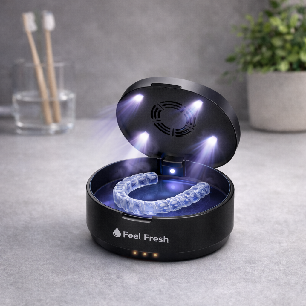ClearGuard+ UV aligner case Singapore open lid UV-C sterilisation lights glowing – Invisalign aligner inside Feel Fresh black case, UV light kills 99.99% bacteria, best UV aligner case Singapore