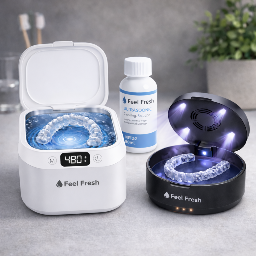 Feel Fresh aligner care bundle Singapore Pearl White – Ultrasonic retainer cleaner white and ClearGuard+ UV aligner case black, complete Invisalign cleaning system ultrasonic plus UV sterilisation Singapore