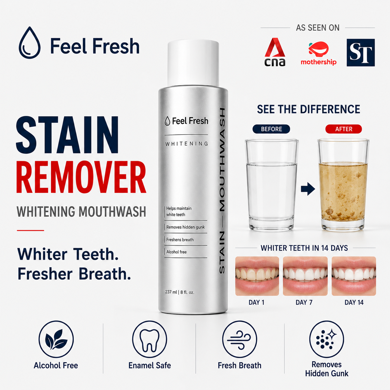 Feel Fresh™ Stain Remover Whitening Mouthwash | Alcohol-Free Fresh Breath Care