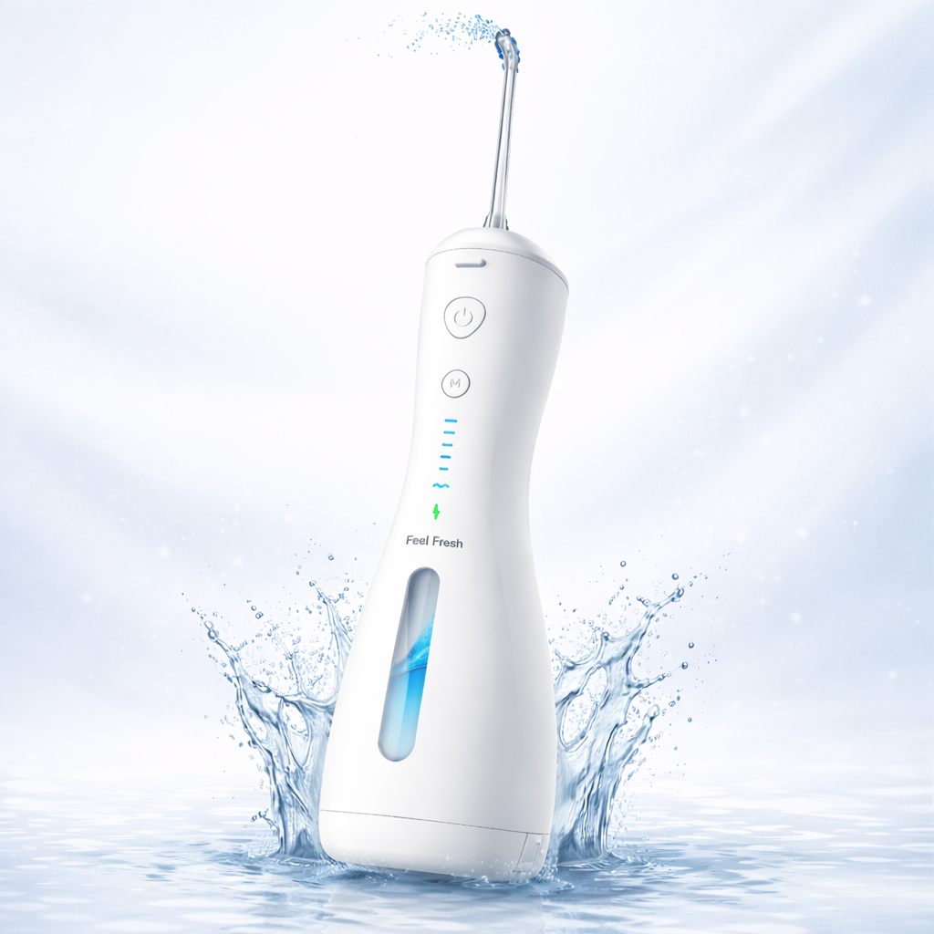 AquaJet+ water flosser Singapore Pearl White waterproof – Feel Fresh IPX7 cordless water flosser water splash hero shot, 240ml reservoir 6 cleaning modes 45-60 day battery, buy water flosser Singapore Pearl White