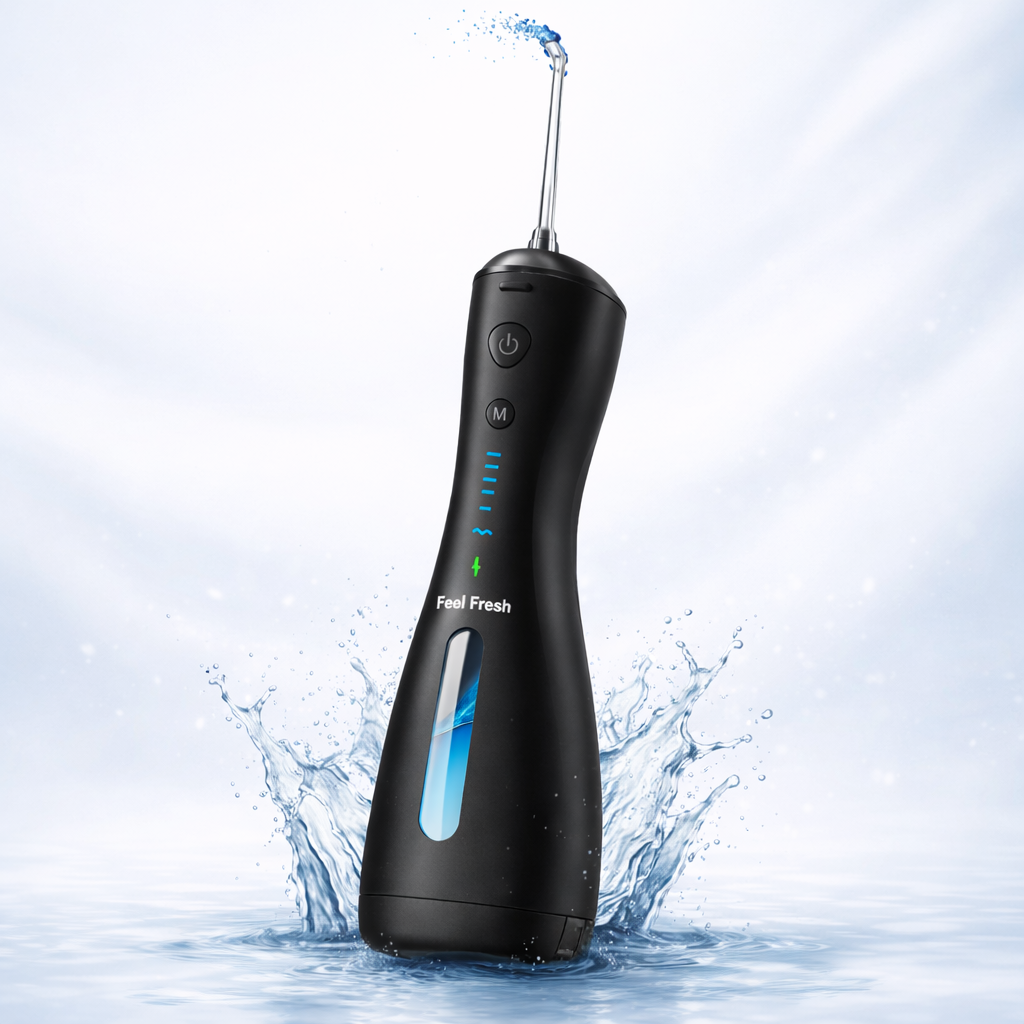 AquaJet+ water flosser Singapore Onyx Black waterproof – Feel Fresh IPX7 cordless water flosser dramatic water splash hero shot, 240ml reservoir 6 cleaning modes 45-60 day battery, buy water flosser Singapore Onyx Black