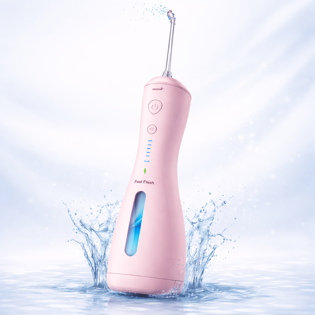 AquaJet+ water flosser Singapore Baby Pink – Feel Fresh cordless IPX7 waterproof water flosser 240ml reservoir 6 cleaning modes 45-60 day battery life, buy water flosser Singapore Baby Pink