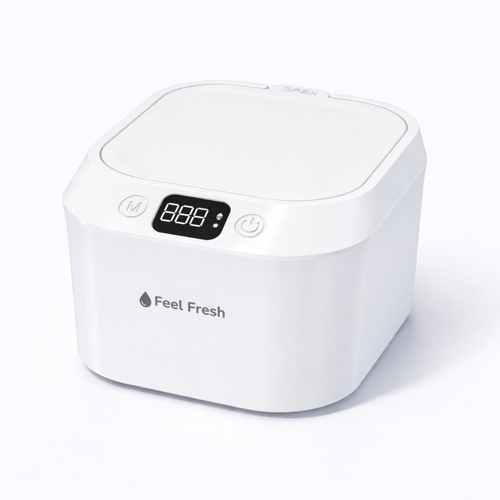 Feel Fresh Ultrasonic retainer cleaner Pearl White Singapore – 220ml digital display UV-C sterilisation cleaner for aligners retainers and mouthguards, sleek white design
