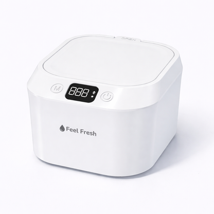 Feel Fresh Ultrasonic retainer cleaner Pearl White Singapore – 220ml digital display UV-C sterilisation cleaner for aligners retainers and mouthguards, sleek white design
