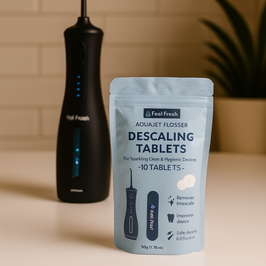 Pack of Feel Fresh descaling tablets for Aquafresh flossers on a table with a black flosser in the background.