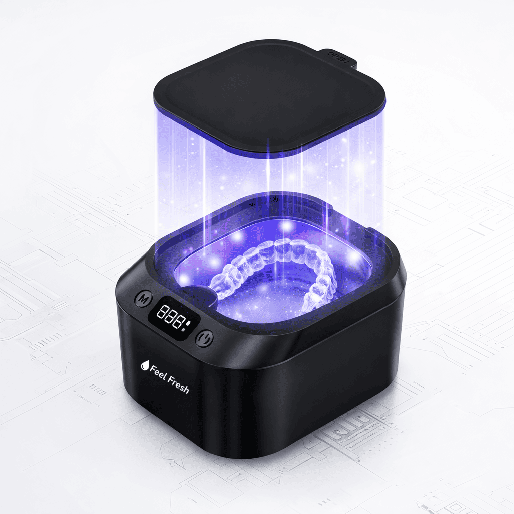 Ultrasonic retainer cleaner with built-in UV light targeting odor-causing bacteria