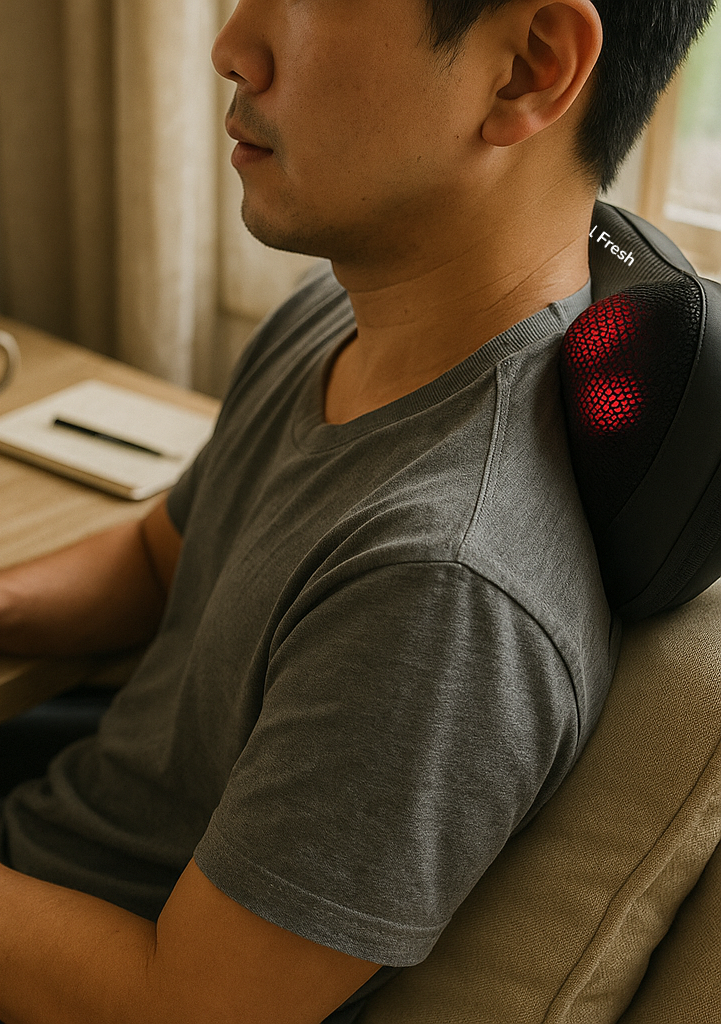 Person using a massage pillow at a desk with a cup and laptop.