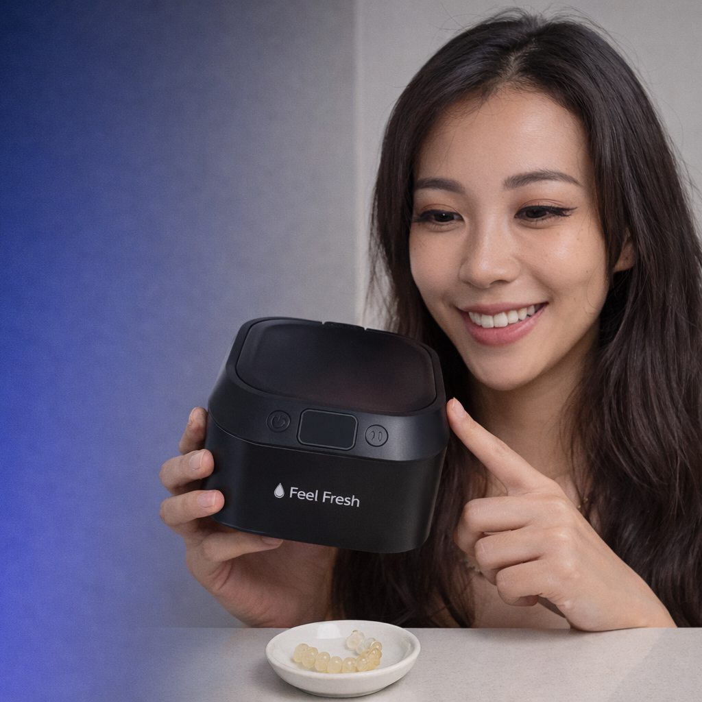 Woman holding a black electronic device labeled 'Feel Fresh' in a bathroom setting.